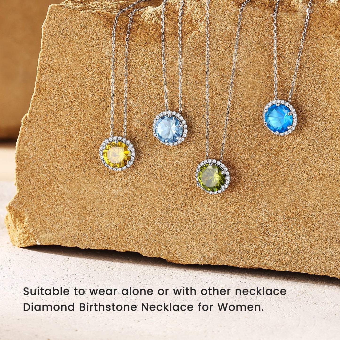 Birthstone Necklace for Women 925 Sterling Silver Necklaces March round Blue Aquamarine Crystal Pendant Gifts for Everyday Wear