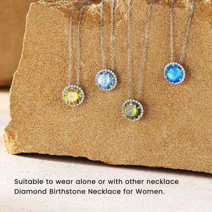Birthstone Necklace for Women 925 Sterling Silver Necklaces March round Blue Aquamarine Crystal Pendant Gifts for Everyday Wear