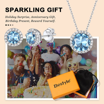 Birthstone Necklace for Women 925 Sterling Silver Necklaces March round Blue Aquamarine Crystal Pendant Gifts for Everyday Wear