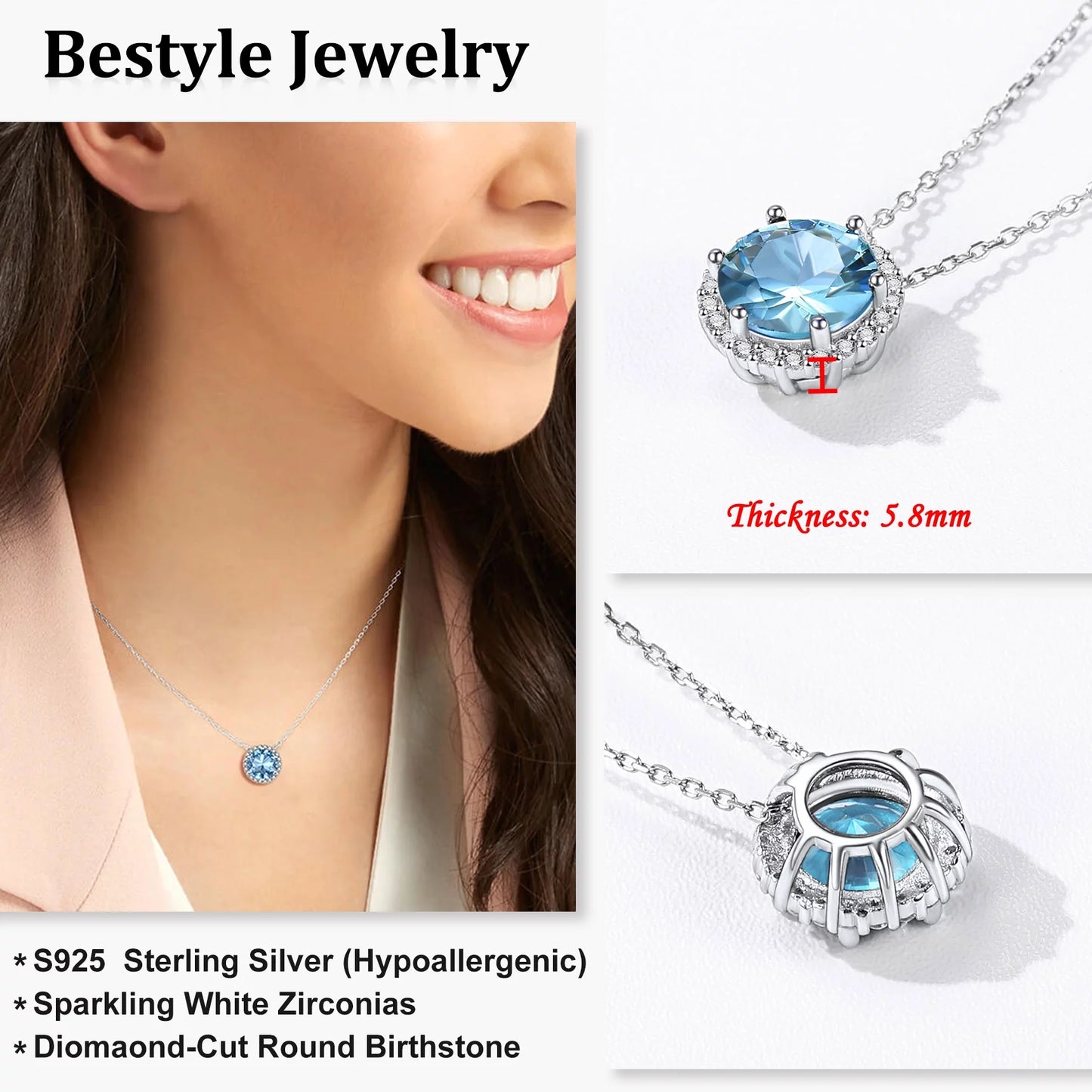 Birthstone Necklace for Women 925 Sterling Silver Necklaces March round Blue Aquamarine Crystal Pendant Gifts for Everyday Wear