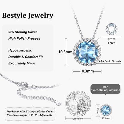 Birthstone Necklace for Women 925 Sterling Silver Necklaces March round Blue Aquamarine Crystal Pendant Gifts for Everyday Wear