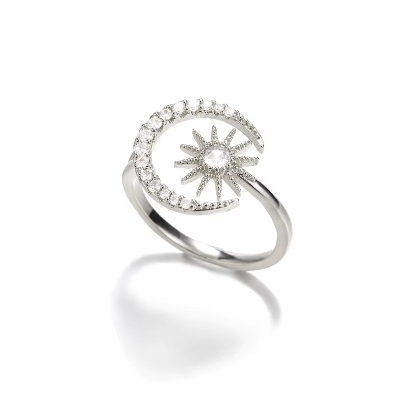 Zircon Moon Star Rings for Women Stainless Steel Glowing Moon Star Adjustable Finger Ring Aesthetic Wedding Jewelery Gift Femme