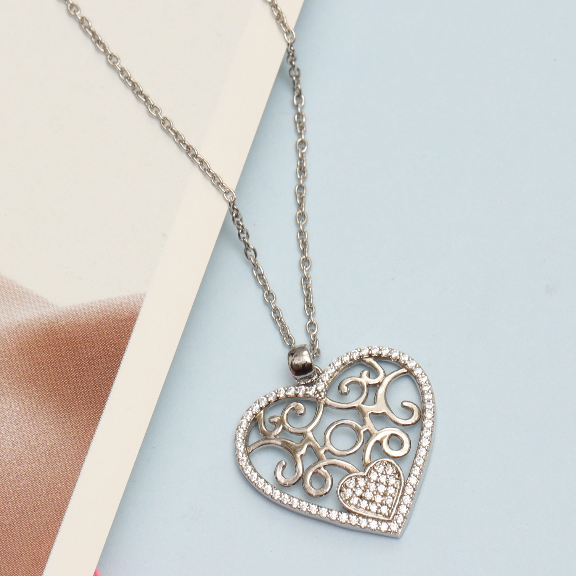 925 Sterling Silver Light-Weight CZ Filigree Heart Pendant Necklace Jewelry Gifts for Women and Teen 18" Inch